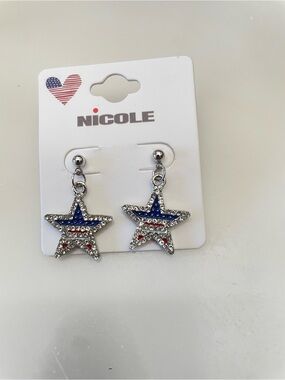 NICOLE Silver Tone Star Dangle Earrings with Red & Blue Accents
